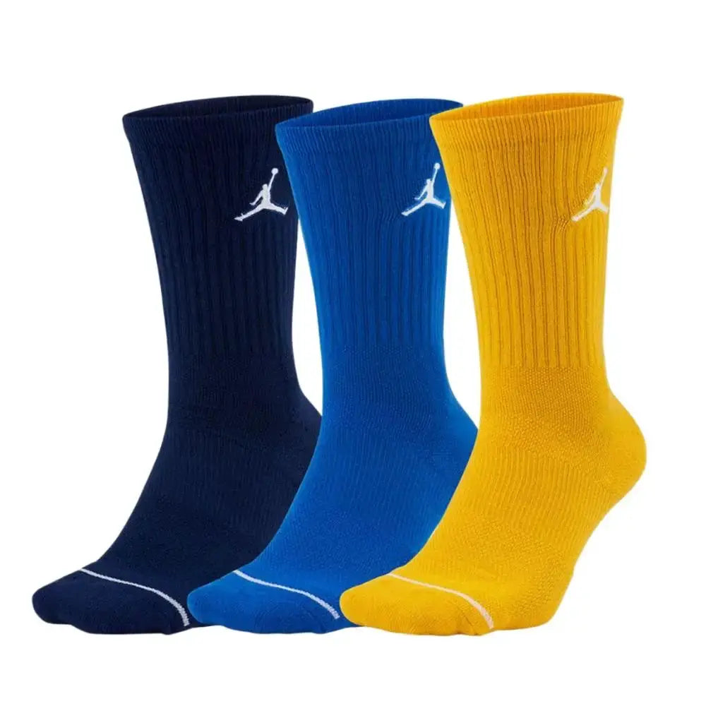 Nike thick-pile terry-sole sport socks with Jumpman logo; navy, royal blue, and yellow, 3-pack.