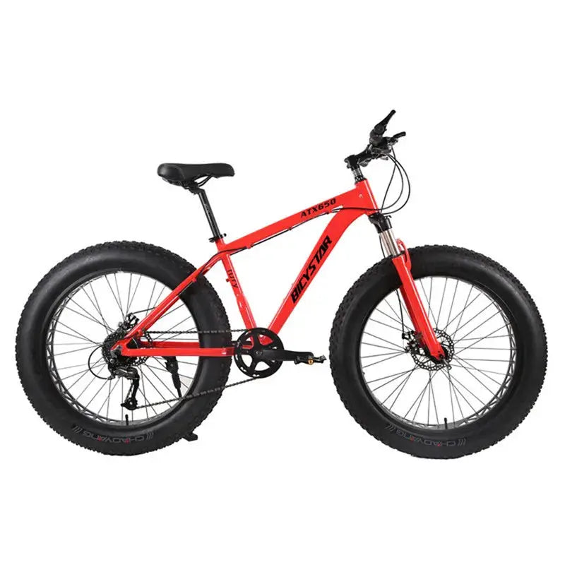 Fat bike with red aluminum frame and 26x4.0 fat tires, for adults.
