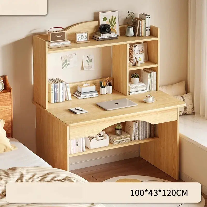Home desk with integrated bookcase in natural wood finish; compact student workstation with laptop and shelves