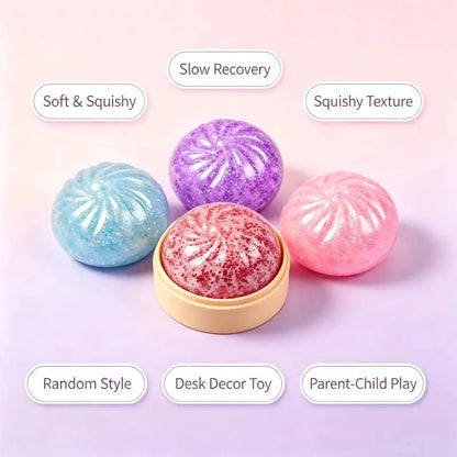 Mini squeeze stress relief dumplings 4-piece set, soft transparent TPR sensory toys in pastel colors with a box.