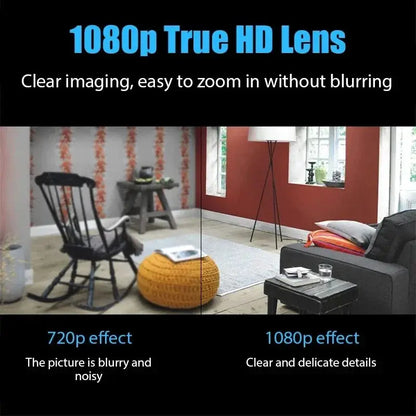 1080P HD Mini Camera WiFi; split-screen living room view showing 720p vs 1080p clarity