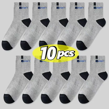 10 pairs of gray men's cotton sport socks with black toe and heel