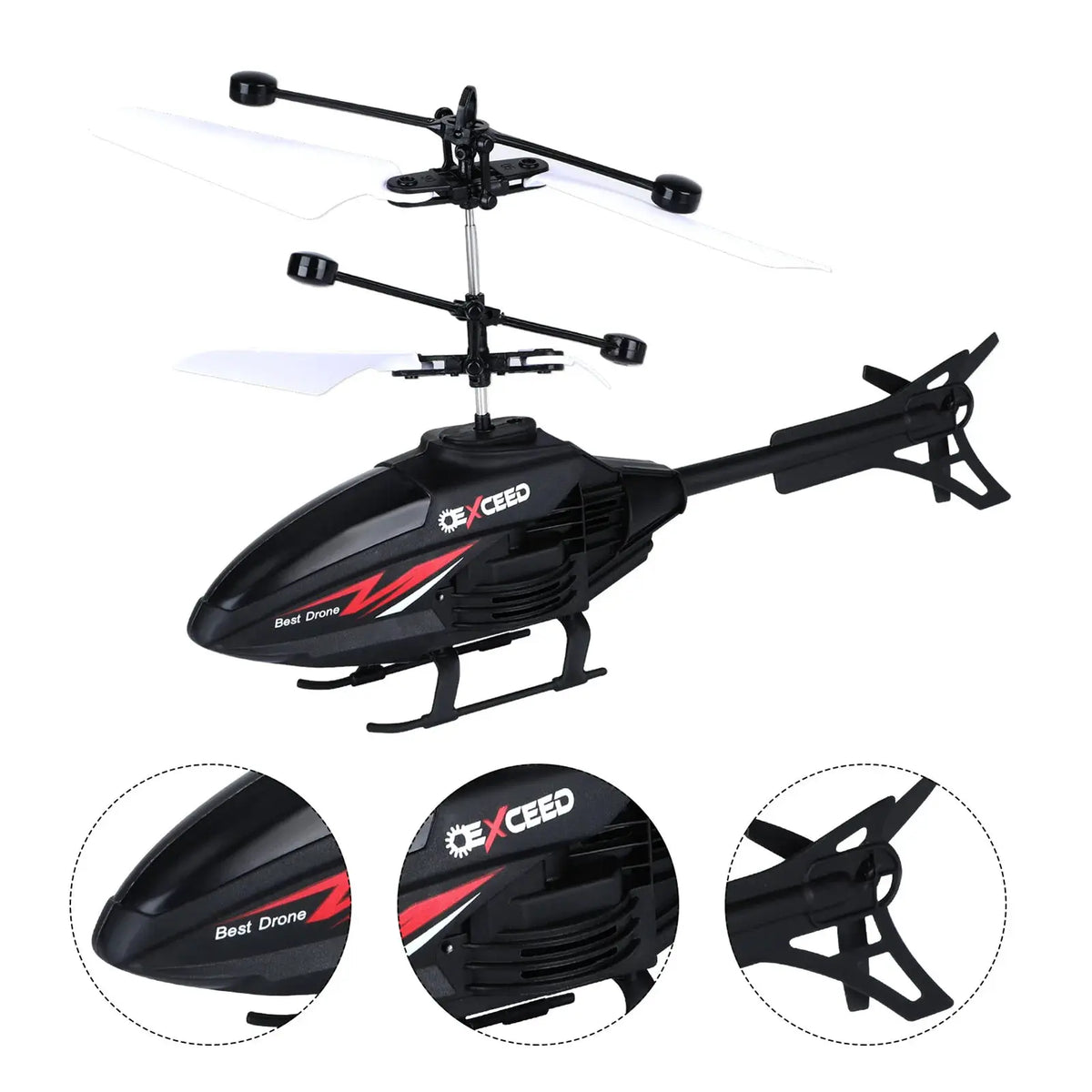 XCEED RC helicopter toy for kids; black dual-rotor helicopter with white blades and red graphics