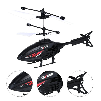 XCEED RC helicopter toy for kids; black dual-rotor helicopter with white blades and red graphics