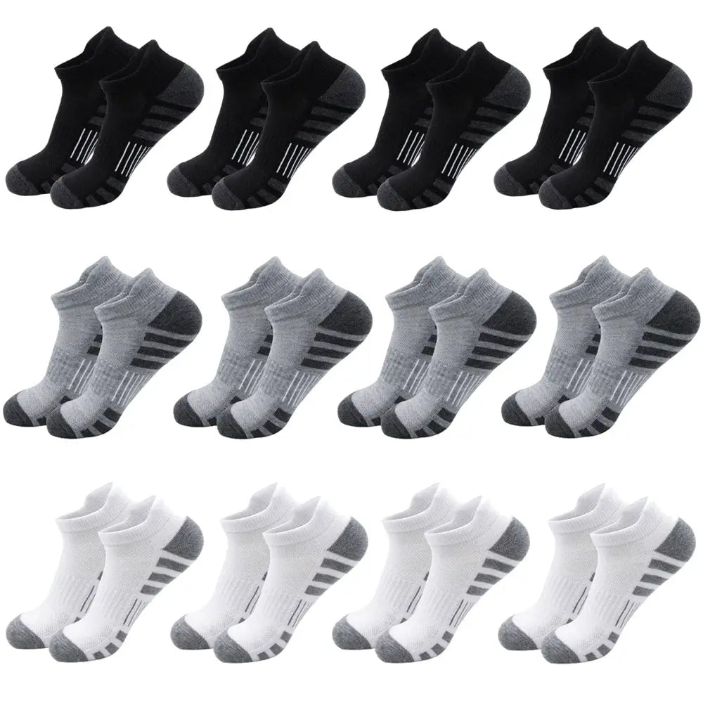 Breathable cushioned athletic ankle socks, 15-pair set in black, gray, and white with extra padding