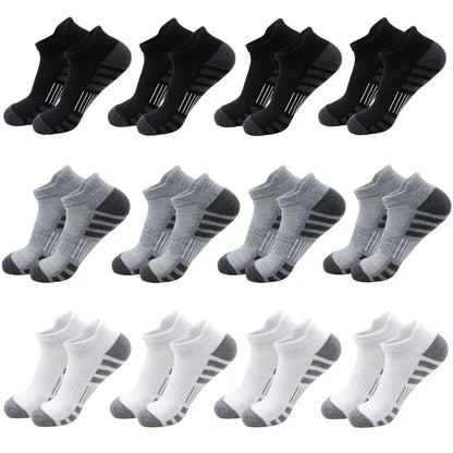 Breathable cushioned athletic ankle socks, 15-pair set in black, gray, and white with extra padding