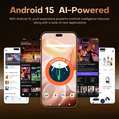 Smartphone collage with five devices, central phone displaying Android 15 AI-Powered UI