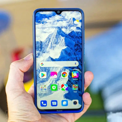 Xiaomi Redmi Note 8 Global Firmware smartphone in blue frame with Redmi branding.