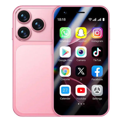 ONEMYTH A17 mini Android smartphone, pink, 3.0-inch display, 2GB RAM, 16GB ROM, dual SIM, Google Play Store.