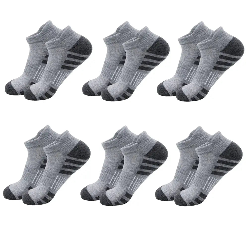 Breathable cushioned athletic ankle socks gray with darker toe and heel, six pairs.