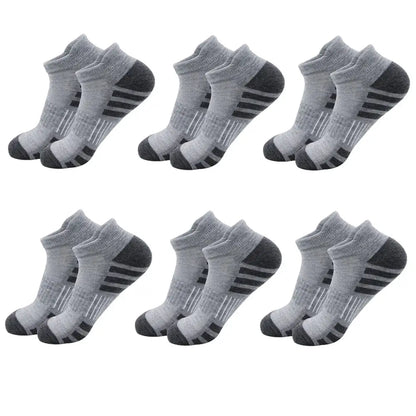 Breathable cushioned athletic ankle socks gray with darker toe and heel, six pairs.