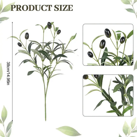 Artificial olive branch with leaves and fruit; green foliage with black olives, about 38 cm tall.