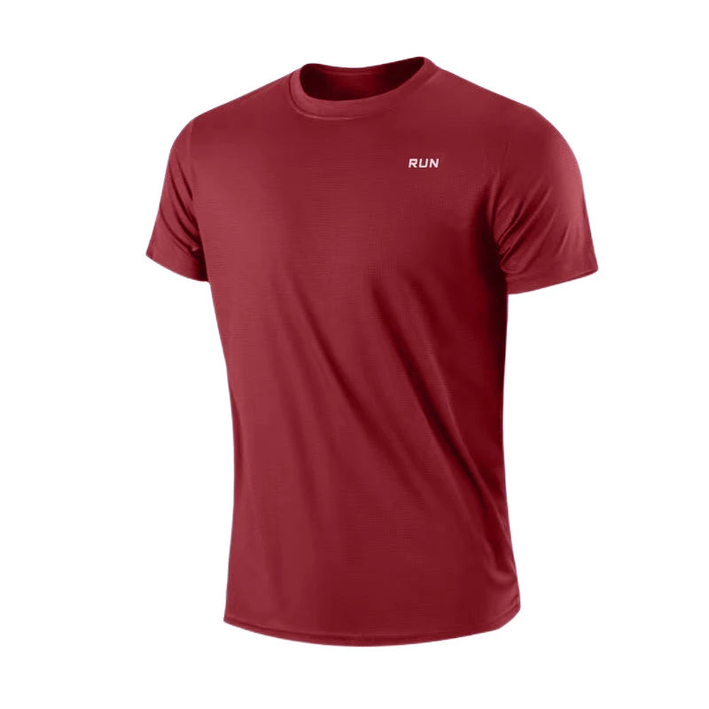 Moisture-wicking gym shirt for men, red short-sleeve tee with white RUN logo