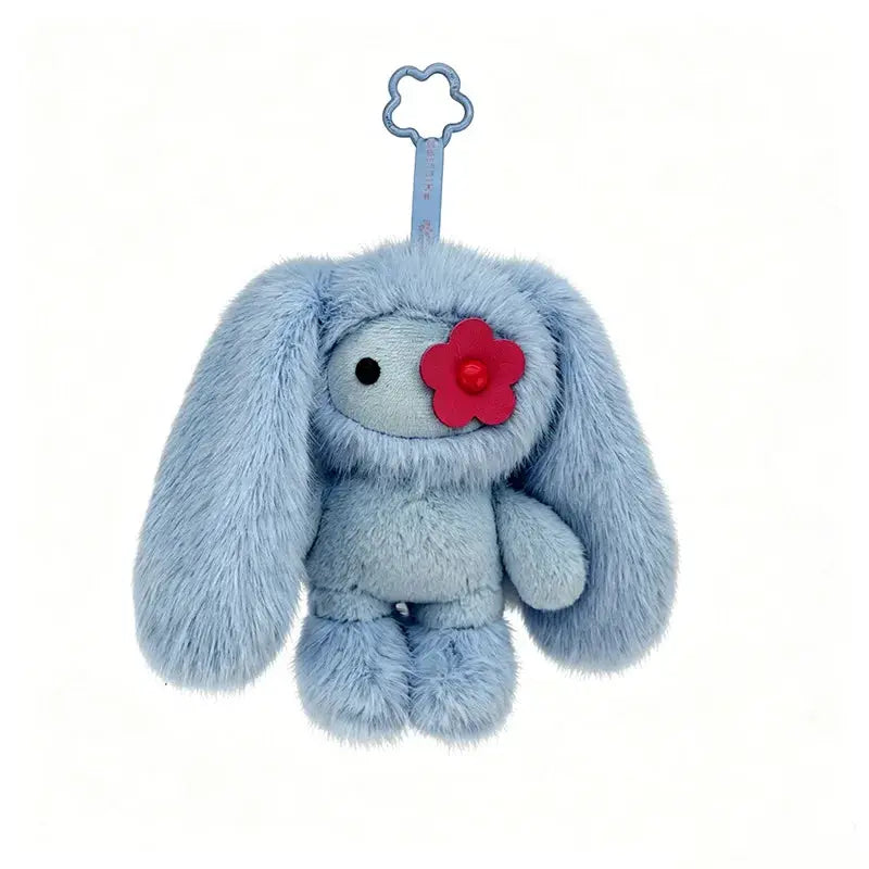 Cute Juju Rabbit Plush Keychain by PrimeCanada.Store; light blue with long ears and red flower accent