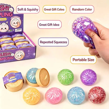 Mini squeeze stress relief dumplings in boxes; soft translucent TPR squishies in assorted colors, glittery purple held