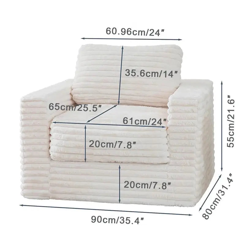 Tufted Backrest Sofa Bed in cream plush fabric with ribbed cushions