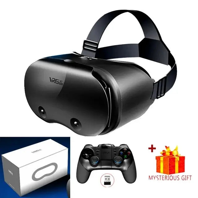 Black VR headset for smartphones with wireless gamepad and packaging box (3-item set)
