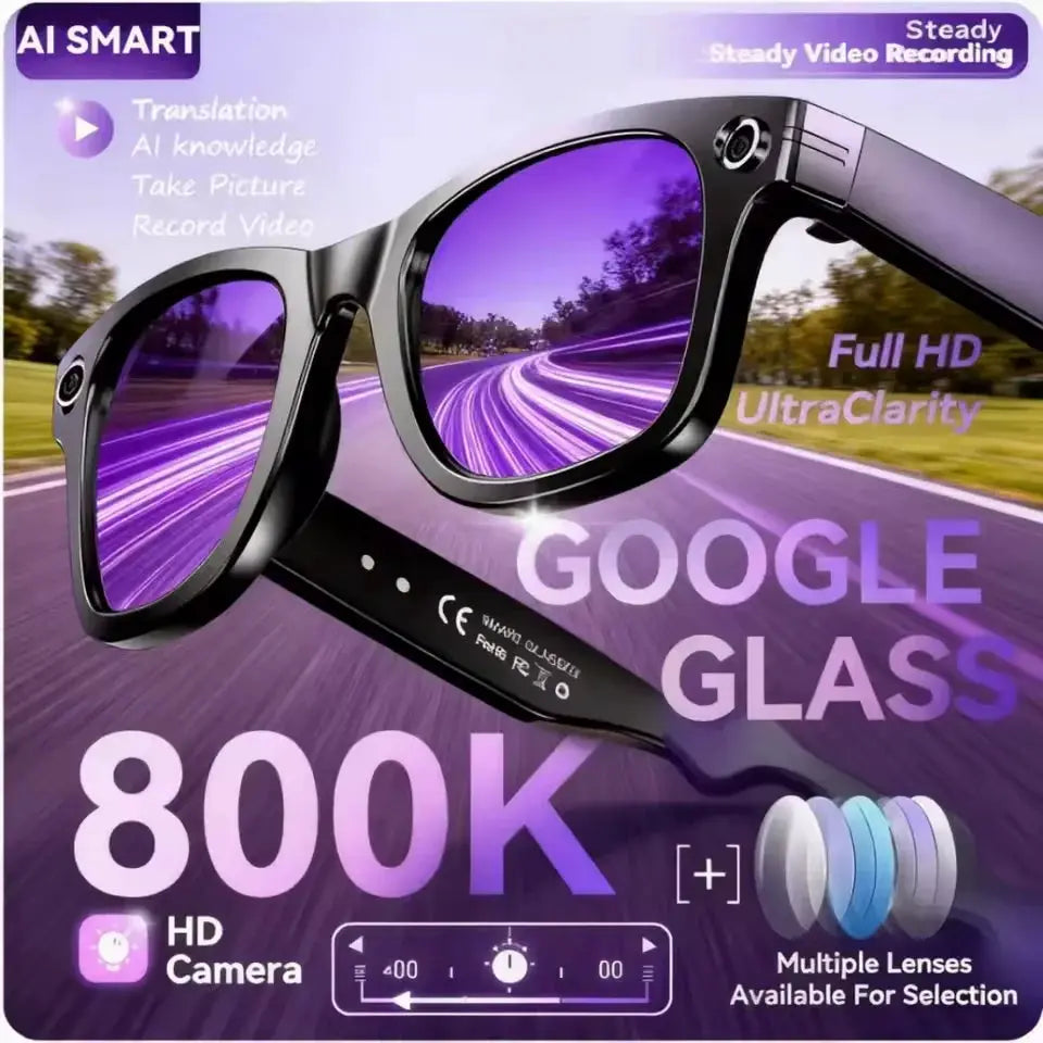 Real Time AI Translation Glasses with Camera, purple-tinted lenses, Google Glass branding