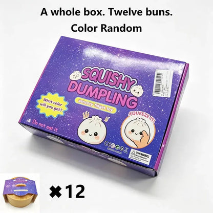 Squishy dumpling stress-relief toy set; twelve-pack in a purple box