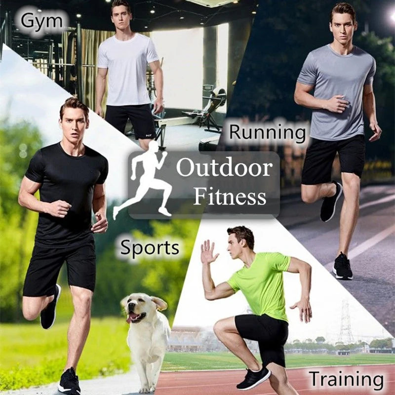 Moisture-wicking men's gym shirt; short-sleeve athletic tops shown in a fitness collage