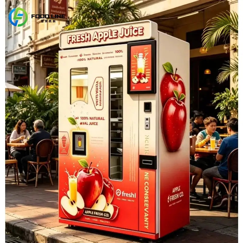 Refrigerated Apple Juice Vending Machine by Food Line with red gradient panel and 21.5-inch touchscreen