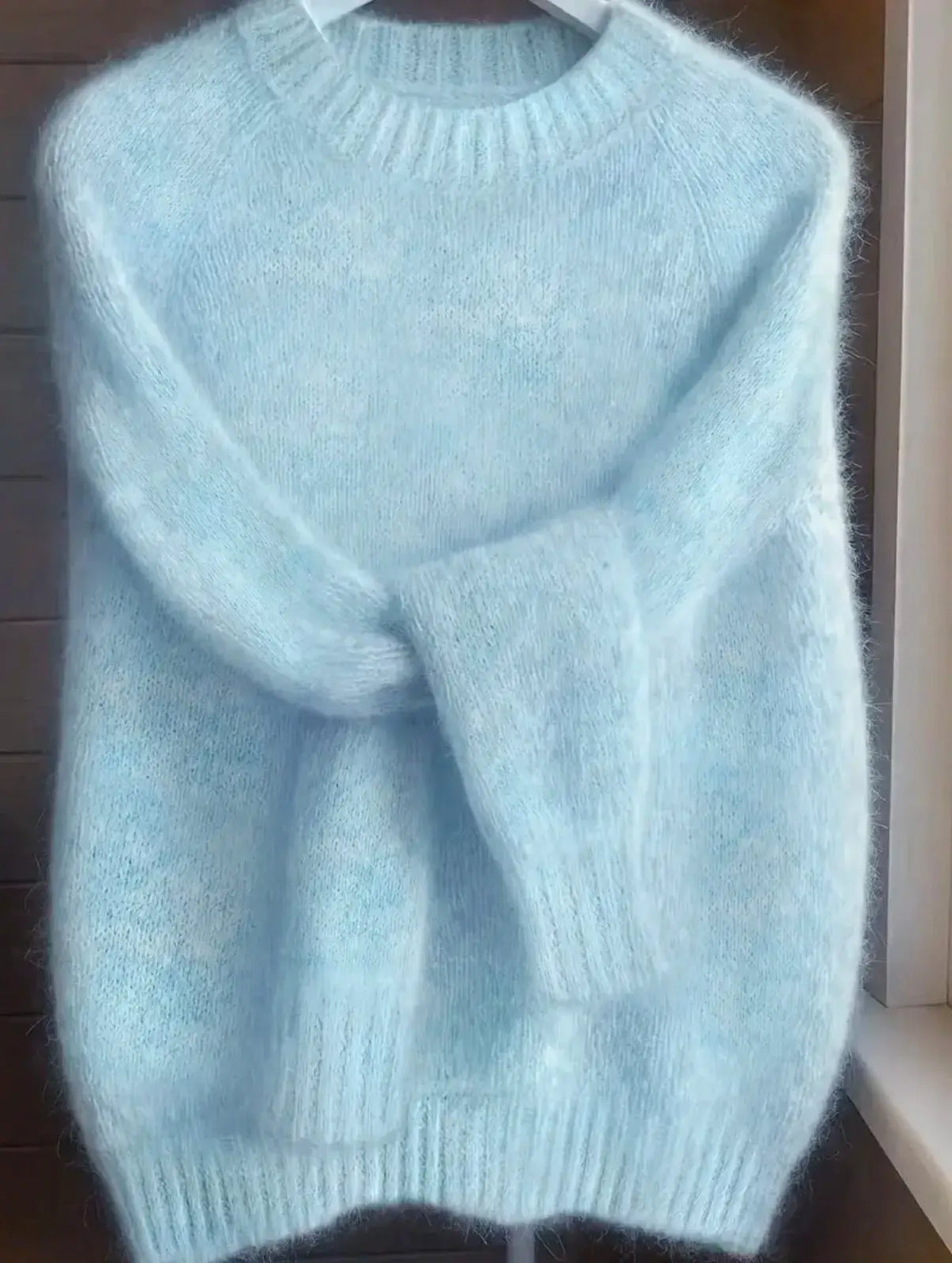 Womens Soft Cozy Knit Sweater in light blue, fuzzy knit fabric by PrimeCanada.Store