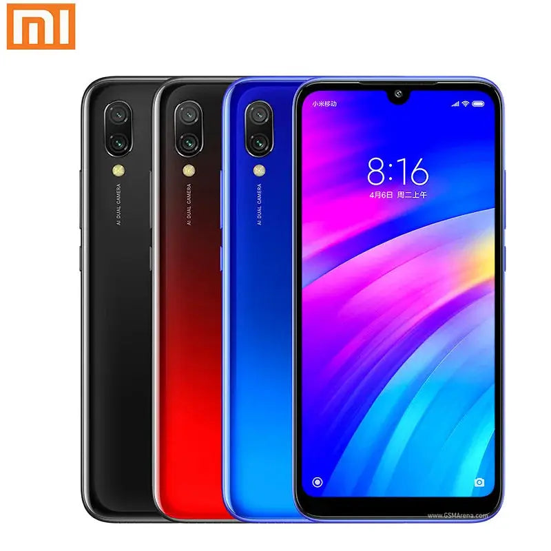Xiaomi Redmi 7 smartphone with three color finishes (blue, black, red); unlocked dual-SIM, 6.26 inch HD display