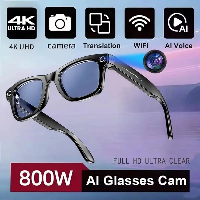 Real Time AI Translation Glasses with Camera, black frame and blue-tinted lenses
