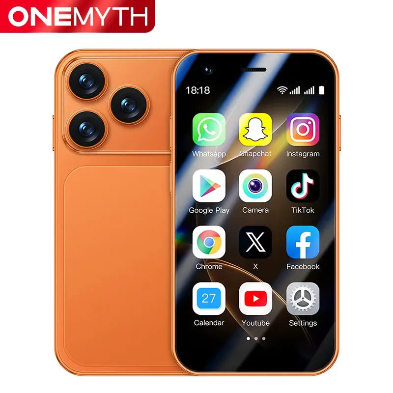 ONEMYTH A17 Mini Android phone, orange back with triple-camera module