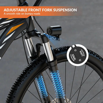 High-Speed Electric Bike PrimeCanada.Store with 700W peak motor, front suspension, and blue coil shock