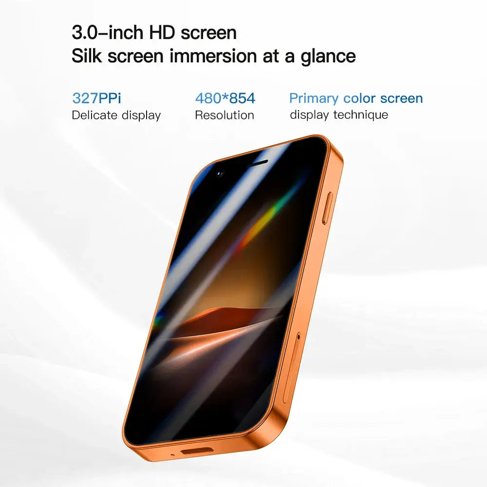 ONEMYTH A17 Mini Android smartphone, orange metallic finish, 3.0-inch display, dual SIM
