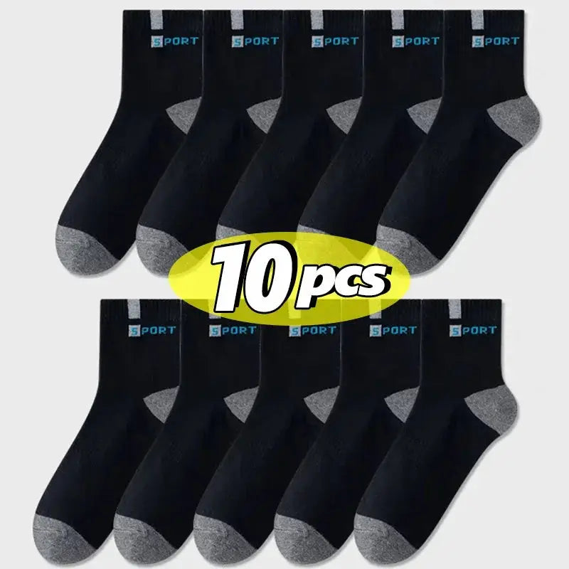 Men's black cotton sport socks, breathable with gray toe caps, 10-pair pack from PrimeCanada.Store