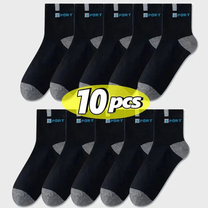 Men's black cotton sport socks, breathable with gray toe caps, 10-pair pack from PrimeCanada.Store