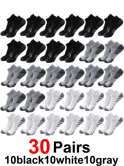 Breathable cushioned athletic ankle socks with extra padding, 30 pairs in black, gray, and white from PrimeCanada.Store.