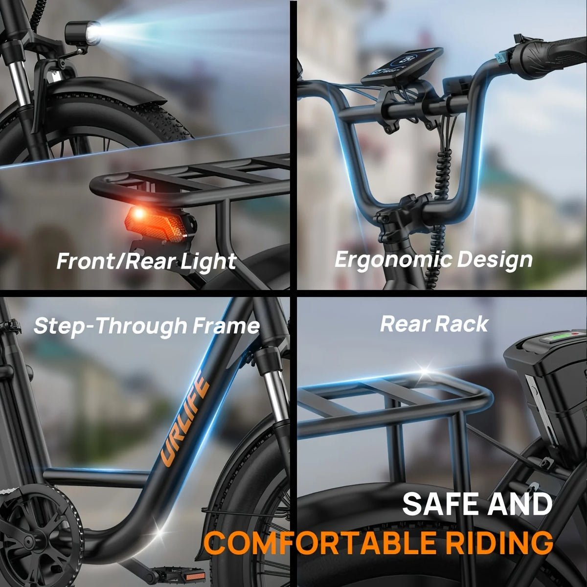 URLIFE 1000W E20 electric bike, blue step-through frame with rear rack and ergonomic handlebars plus front/rear lights