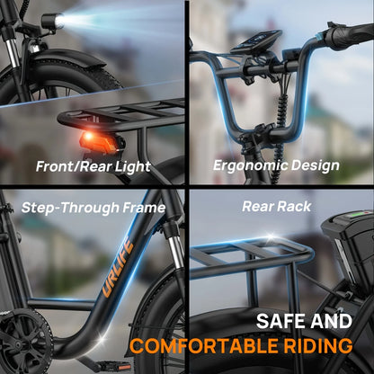URLIFE 1000W E20 electric bike, blue step-through frame with rear rack and ergonomic handlebars plus front/rear lights
