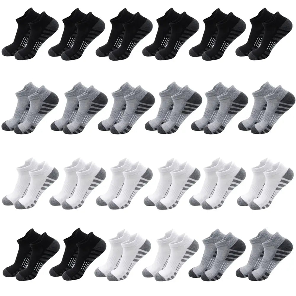Breathable Cushioned Athletic Ankle Socks multi-pack in black/gray/white, 32 pairs.