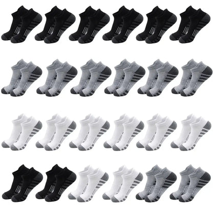 Breathable Cushioned Athletic Ankle Socks multi-pack in black/gray/white, 32 pairs.