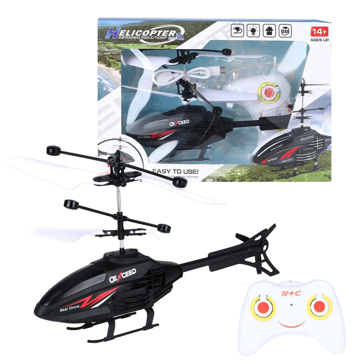 Electric RC helicopter toy; black body with red decals and transparent rotor blades; remote included