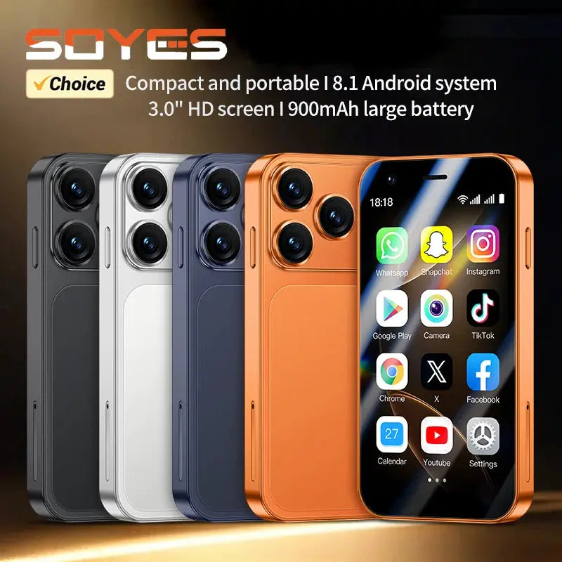 SOYES A17 mini Android smartphones in orange, white, blue, gray, and black, five units, compact 3.0-inch display
