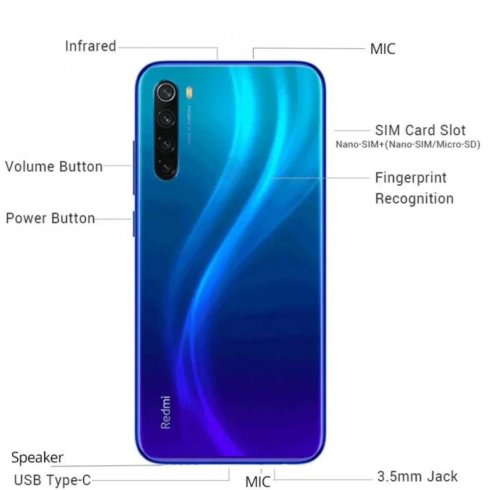 Xiaomi Redmi Note 8 smartphone in blue gradient with a quad-camera module and Redmi branding.