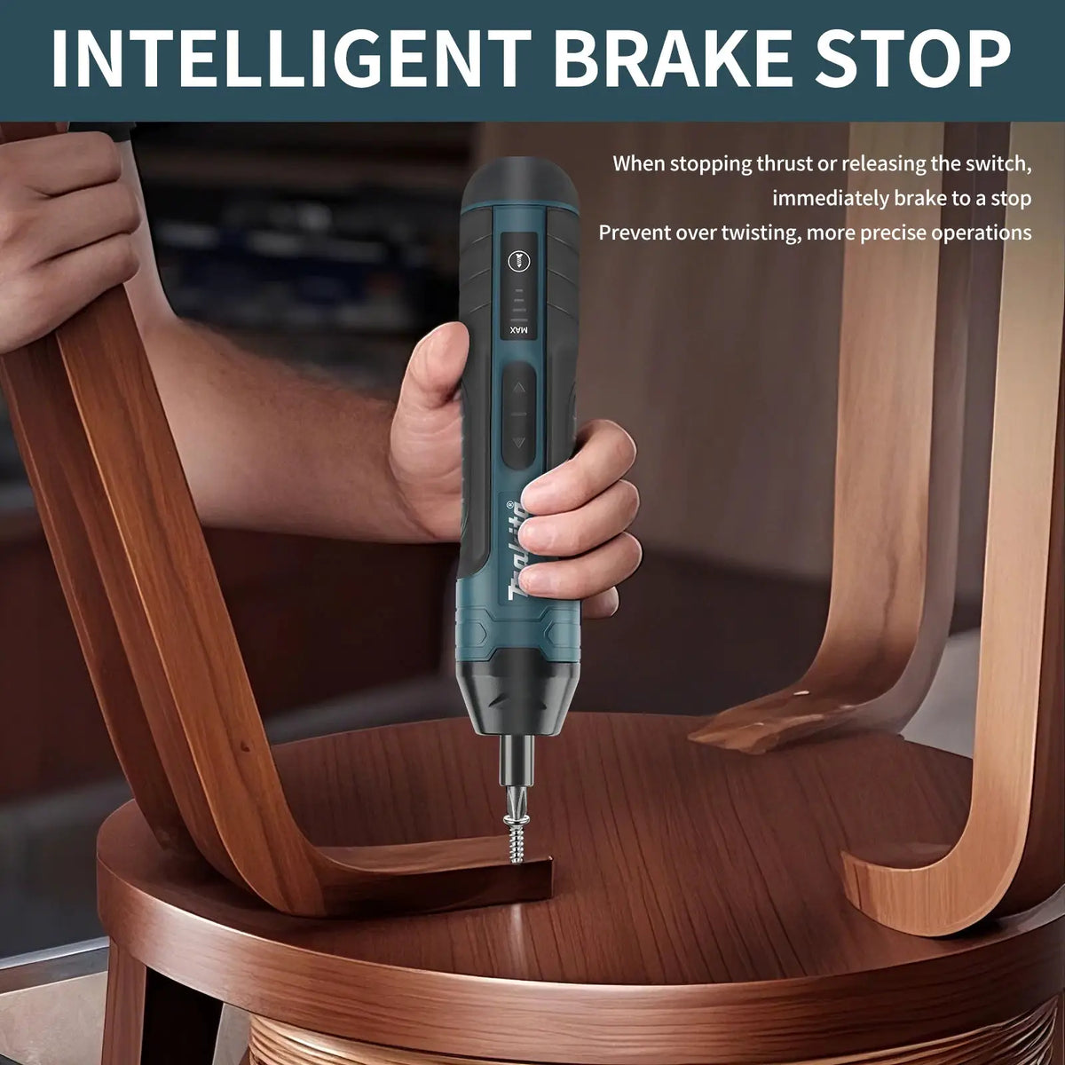 Makita electric screwdriver, teal and black, rechargeable 1300mAh with USB charging, held in hand beside wooden chair.