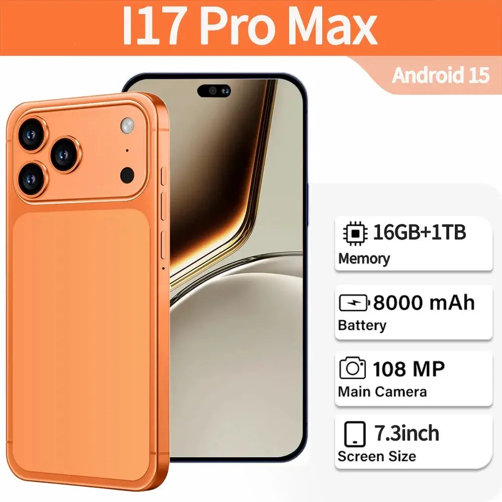 i17 Pro Max orange smartphone with 7.3-inch display and triple rear cameras