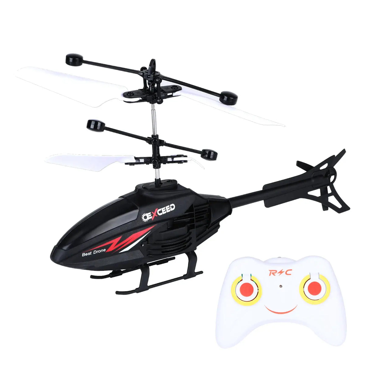 Electric EXCEED RC helicopter toy with white rotor blades and black fuselage, includes white remote controller