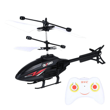 Electric EXCEED RC helicopter toy with white rotor blades and black fuselage, includes white remote controller