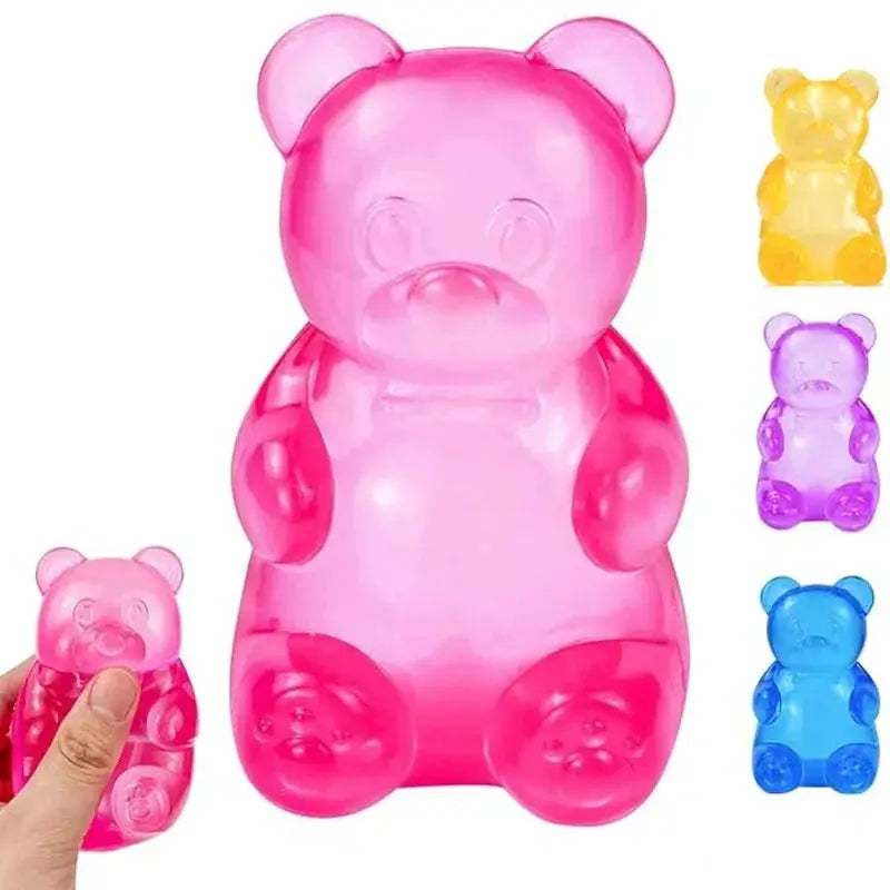 NEEDOH Soft Gummy Bear Fidget Squeeze Toy, translucent pink bear with yellow, purple and blue variants (5 pcs)