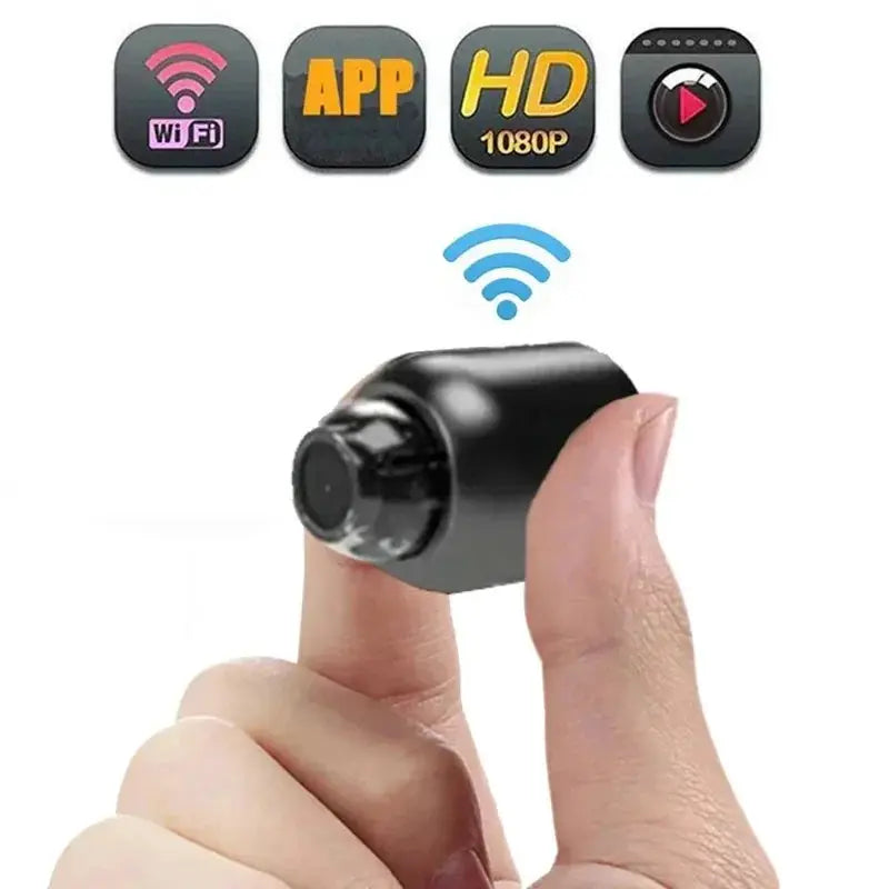 1080P HD mini black WiFi camera held between fingers for home security and pet monitoring