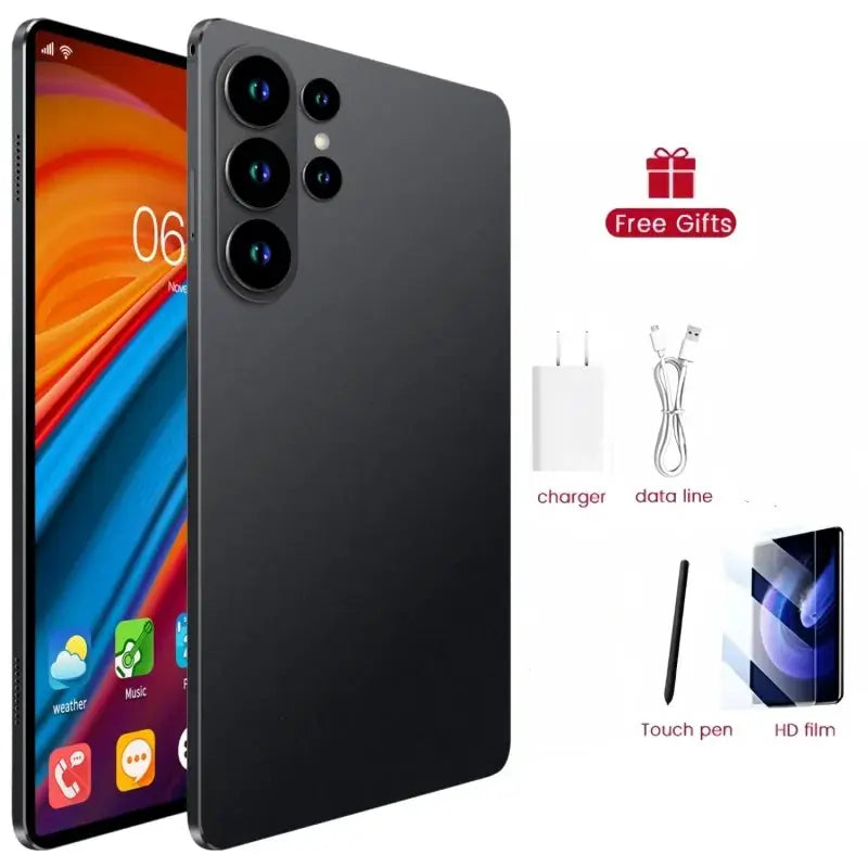 2026 S27 Ultra Android Tablet in black with quad rear cameras, includes Free Gifts accessories bundle