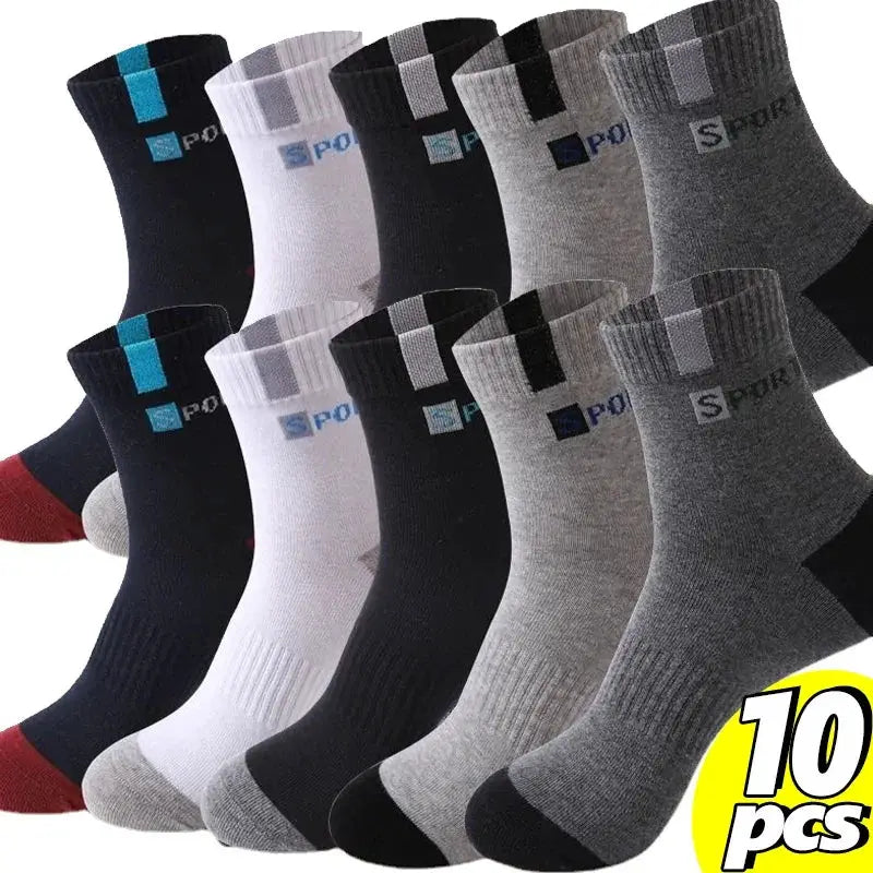 Men's cotton sport socks, breathable crew style, 10-pair pack in black, gray, white with blue logo