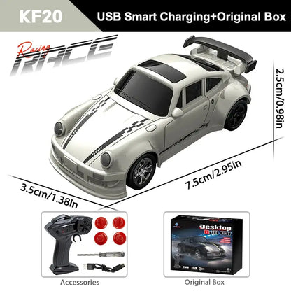 KF20 1/64 High Speed Drift RC Car, white with racing stripes; 2.4G 4WD remote, accessories, and original box